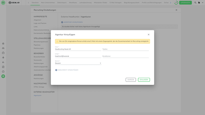 Laden Sie Ihre Personaldienstleister:innen zu Kenjo ein