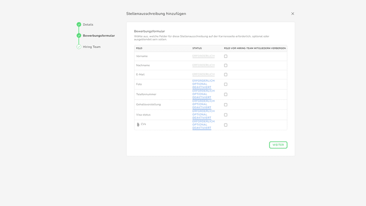 Lege fest, welche Angaben im Bewerbungsformular verpflichtend, optional oder deaktiviert sind