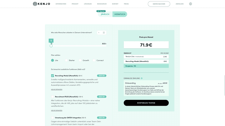 Der Preisrechner von Kenjo; hier ermittelst du für deinen individuellen Bedarf das passende Paket