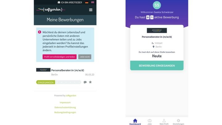 Ihre Kandidat:innen verfolgen den Status ihrer Bewerbung mit zwei mobilen Apps von softgarden selbst