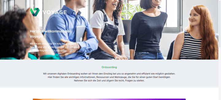 Auf der Willkommensseite finden Ihre Neuzugänge weitere Infos zum Unternehmen und anstehende Aufgaben im Pre- und Onboarding