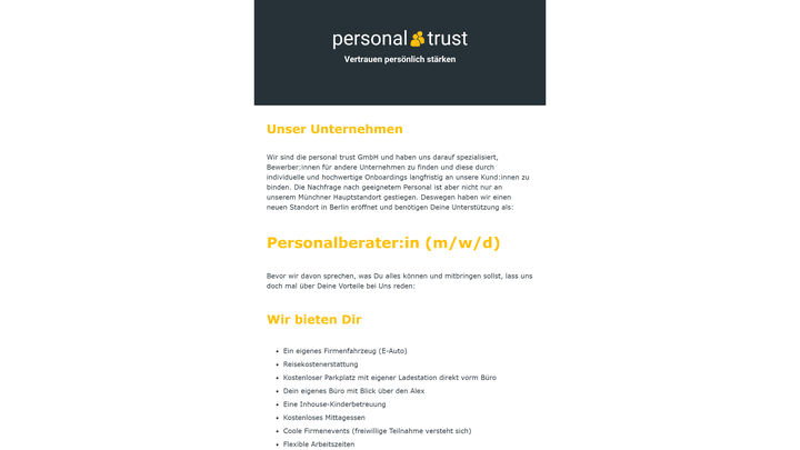 Die Stellenanzeige des Testunternehmens kann sich sehen lassen