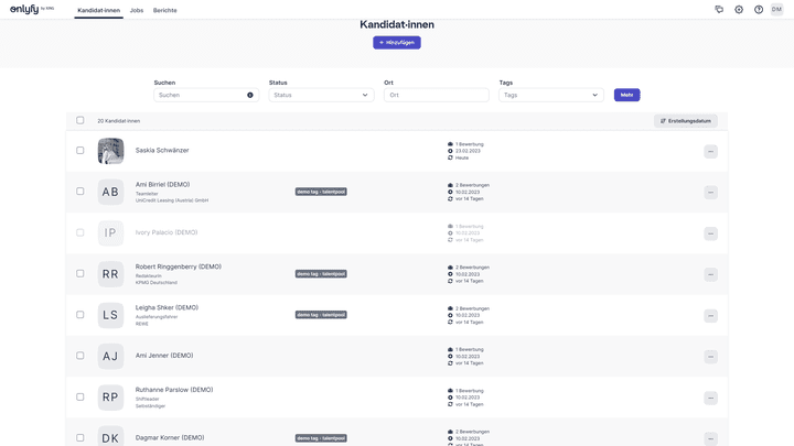 Eingehende Bewerbungen lassen sich übersichtlich in onlyfy verwalten