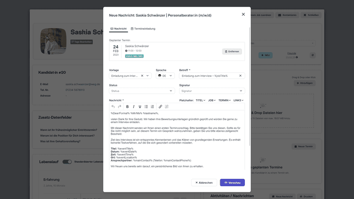 Laden Sie Ihre Bewerber:innen vom Profil aus zum Vorstellungsgespräch ein