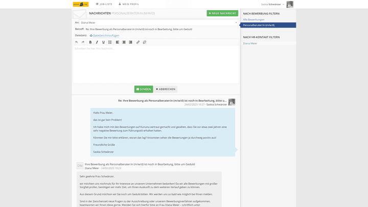 Bewerber:innen schreiben Ihnen unkompliziert zurück