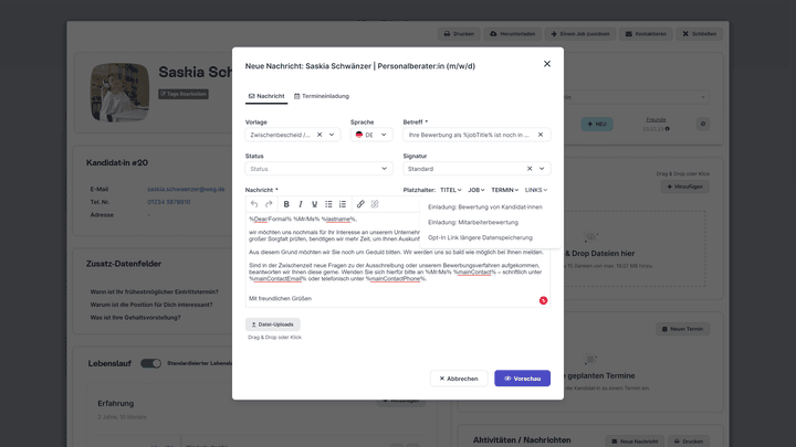 Verlinke Feedback-Formulare direkt in deiner Nachricht an Kandidat:innen