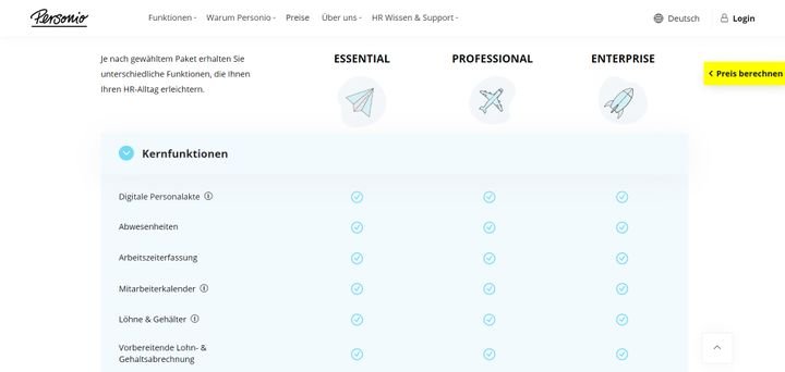 Das HR-Betriebssystem Personio gibt es in drei Ausführungen: Essential, Professional und Enterprise
