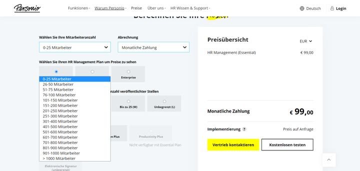 Der Preis Ihres gewählten Personio-Tarifs ist abhängig von der Größe Ihres Unternehmens, bzw. der Anzahl der Mitarbeiter