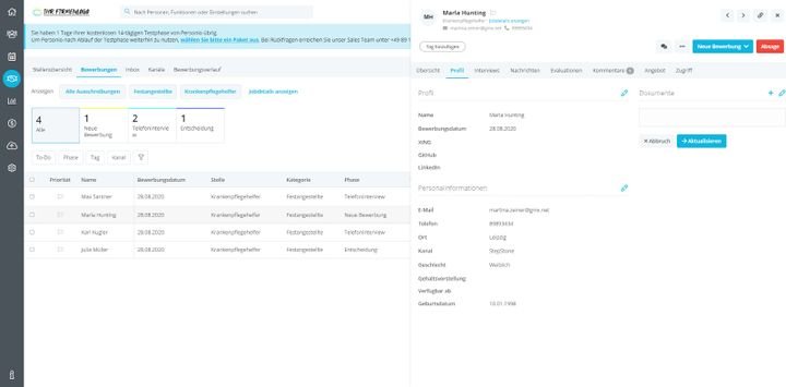 Die umfassenden Bewerberprofile in Personio enthalten alle wichtigen Informationen und Dokumente zu einzelnen BewerberInnen