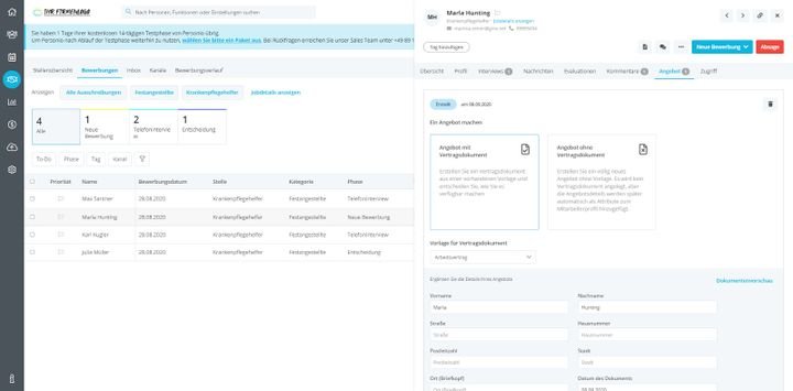 Hier verändern Sie den Status einer Bewerbung oder legen einen Termin für ein Bewerbungsgespräch fest