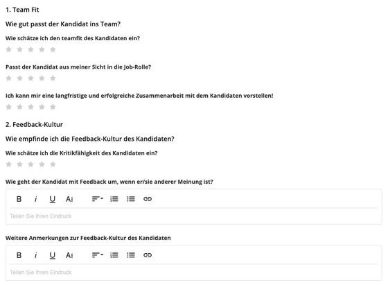 Um Ihre KandidatInnen zu bewerten stellt Personio anpassbare Evaluationsbögen zur Verfügung