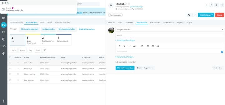 Direkt aus Personio heraus können Sie per E-Mail mit Ihren BewerberInnen kommunizieren