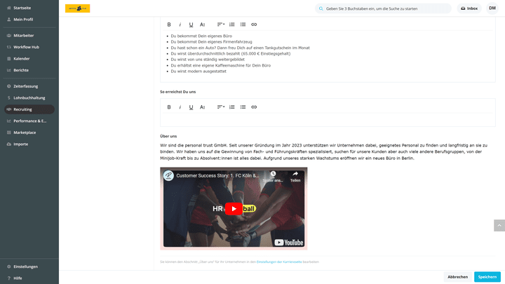 Der Über-uns-Abschnitt wird über die Einstellungen zur Karriereseite bearbeitet