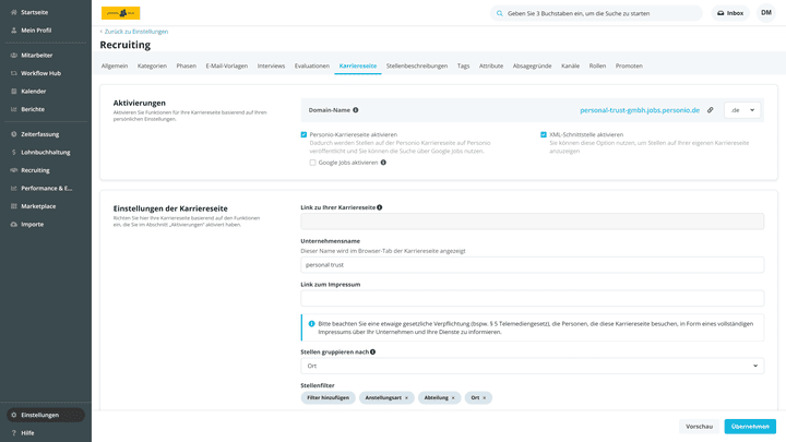 Einstellungen zur Karriereseite sind mit Personio schnell vorgenommen