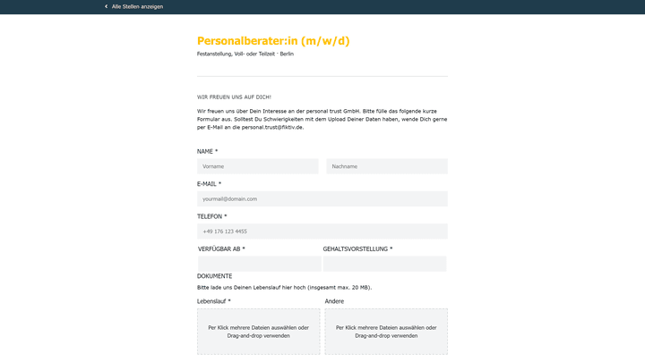 Das Bewerbungsformular ist nicht für unterschiedliche Stellen anpassbar