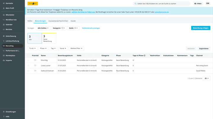 Nach der Überprüfung und Korrektur legen Sie Bewerbungen mit einem Klick an