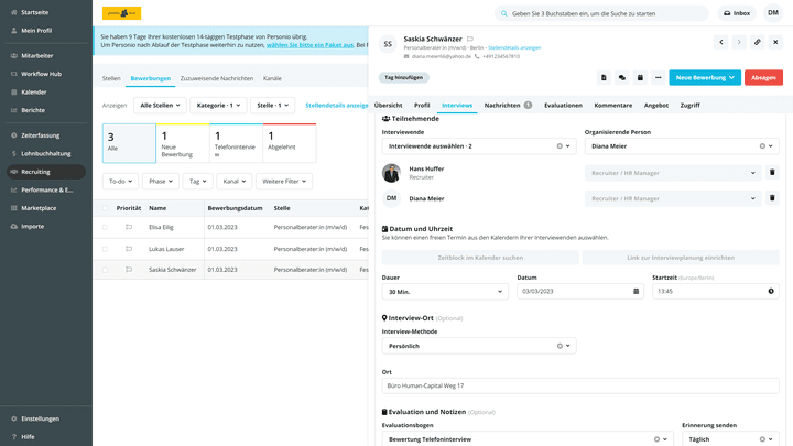 Versenden Sie auch Interview-Einladungen aus Personio heraus
