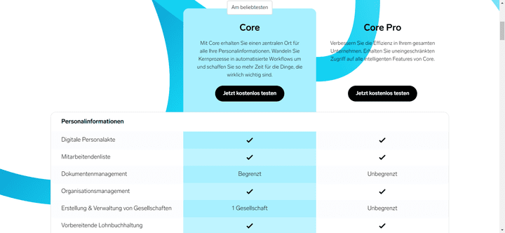 Personio wird in den Preispaketen Core und Core Pro angeboten, allerdings ohne klare Preise; diese erfährst du nur auf Anfrage