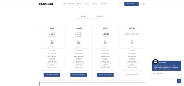 Prescreen bietet vier Tarife: Solo, Grande, Venti und Custom