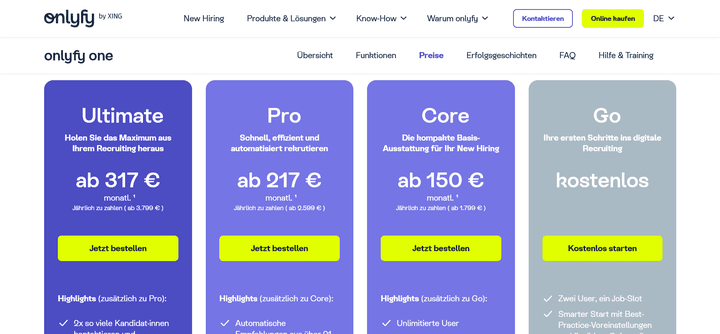 Onlyfy one bietet vier Tarife mit Preisen zwischen 0 und 2.500 Euro pro Monat, abhängig von der Anzahl an Jobs