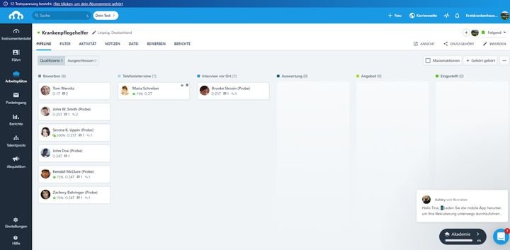 Die visuelle Recruiting-Pipeline von Recruitee erleichtert den Überblick und ermöglicht nützliche Automatisierungen