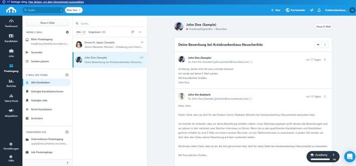 Der Posteingang ist die Nachrichtenzentrale von Recruitee und die erste Anlaufstelle für die Bewerberkommunikation