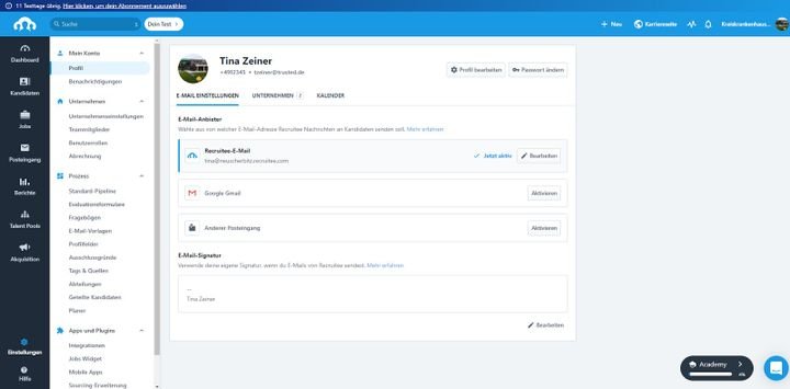 Die Oberfläche von Recruitee ist übersichtlich und einfach zu verstehen