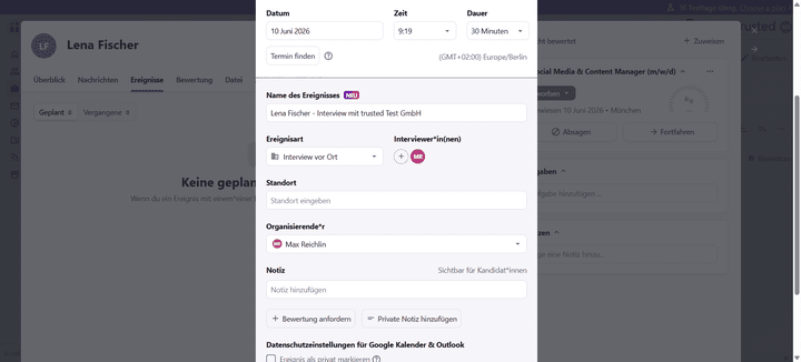 Plane Interviews, Meetings und andere Termine direkt aus dem Bewerberprofil heraus