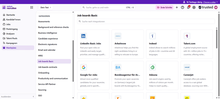 Im Marketplace der Webseite findest du eine übersichtliche Liste aller angebundenen Jobbörsen