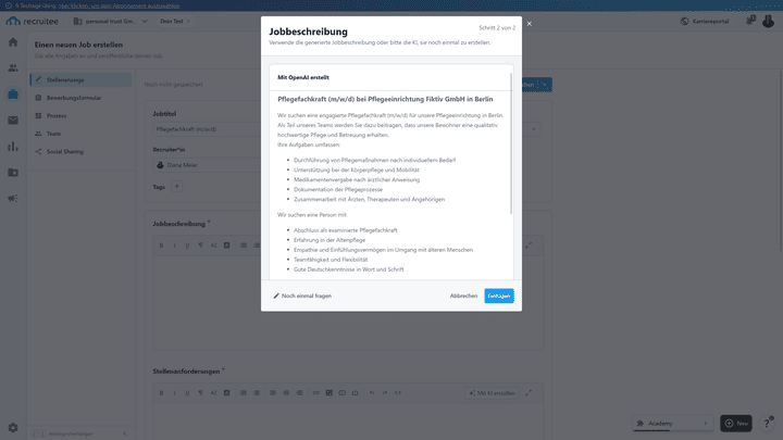 Stellenausschreibungen erstellen Sie zügig dank des integrierten KI-Generators