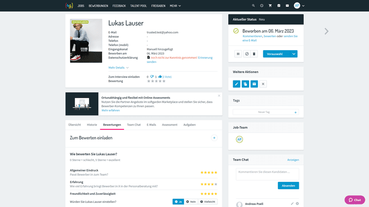 Die Bewerberakte von softgarden bietet Optionen für die Vorauswahl