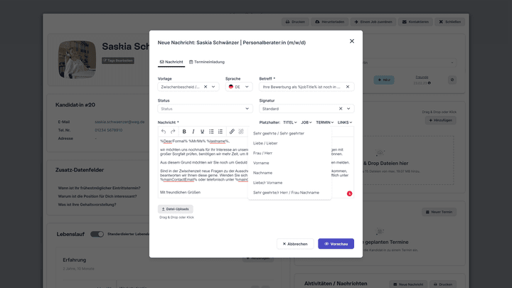 Anpassbare E-Mail-Vorlagen sparen dank Platzhaltern jede Menge Zeit im Recruiting