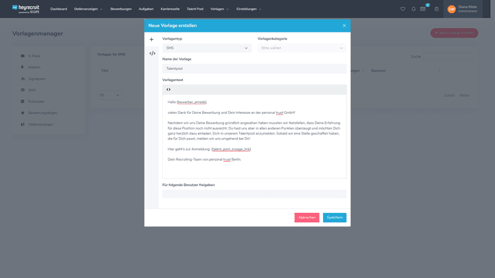 Senden Sie automatisch SMS mit Heyrecruit