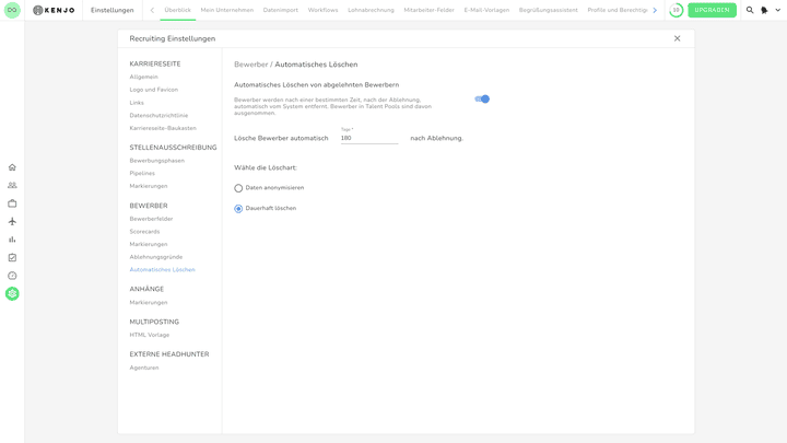 Definieren Sie automatische Löschfristen und andere Datenschutzeinstellungen in Ihrem Recruiting-Tool
