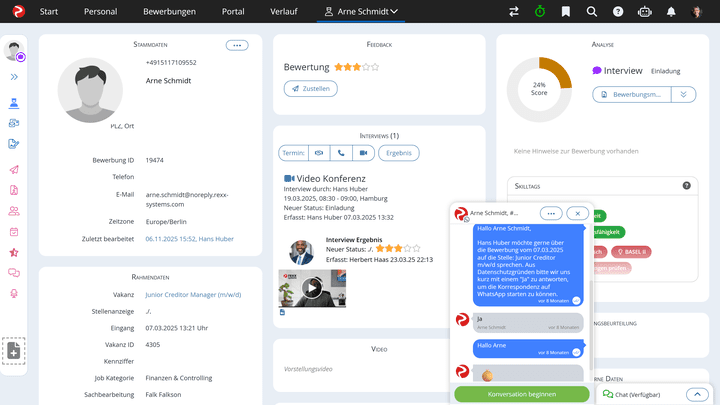 Kommuniziere seit Neuestem auch direkt per WhatsApp aus Rexx heraus mit Bewerber:innen