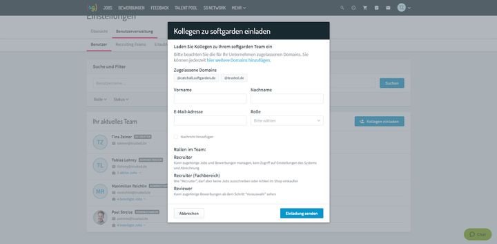 Laden Sie ganz einfach neue Mitarbeiter und Teammitglieder zur Arbeit in softgarden ein