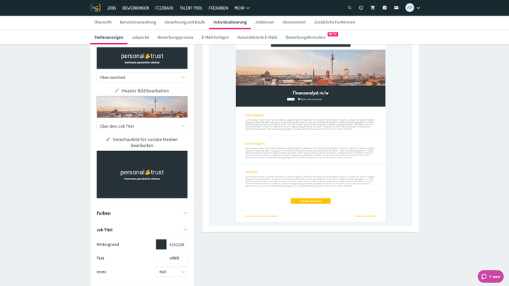 Das Stellenanzeigen-Layout des Testunternehmens