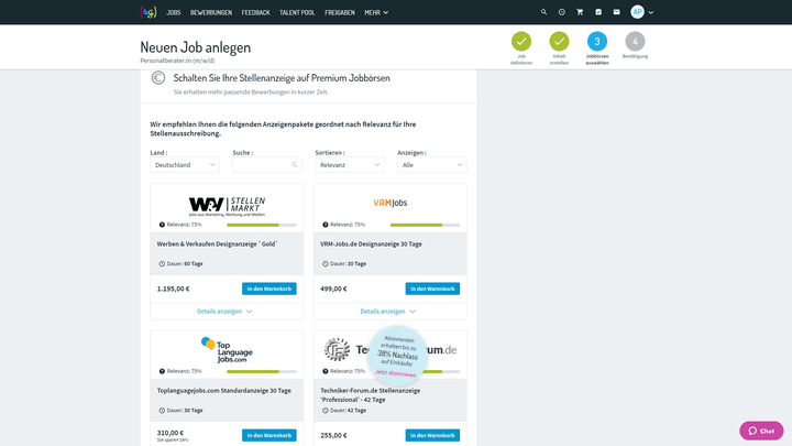 Wählen Sie aus verschiedenen Anzeigenpaketen von über 1.200 unterschiedlichen Jobportalen