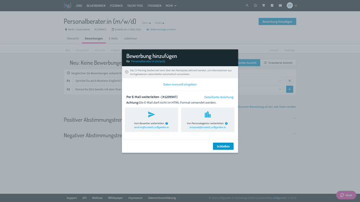 Leiten Sie eingehende Bewerbungen per E-Mail an softgarden einfach weiter