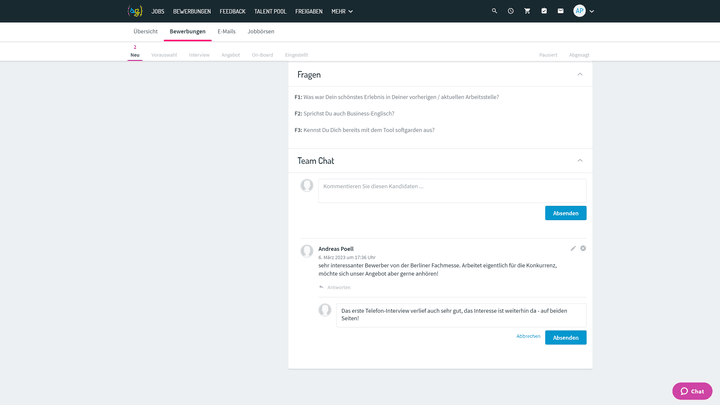 Tauschen Sie sich in der Listenansicht im Recruiting-Team zu Bewerber:innen aus