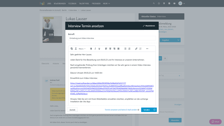 Senden Sie auch Termineinladungen für Video-Interviews