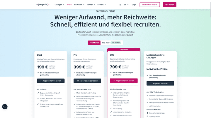 softgarden bekommst du in zwei verschiedenen Ausführungen, genaue Preisinfos aber nur auf Anfrage