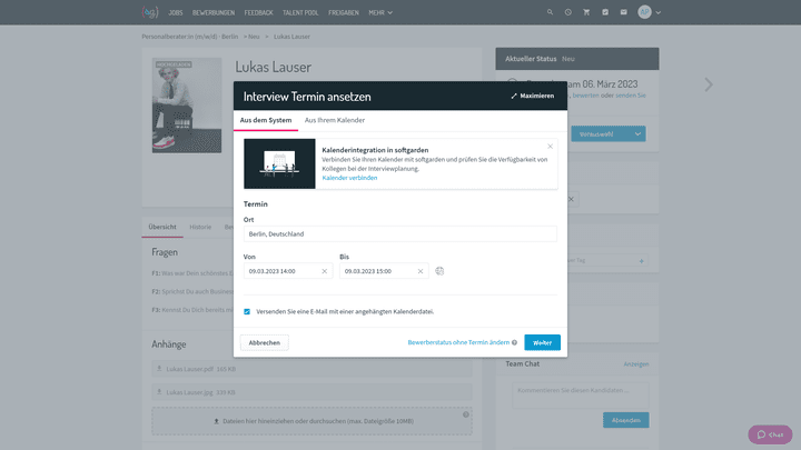 Termine planst du direkt aus softgarden heraus und sparst dir externe Tools.