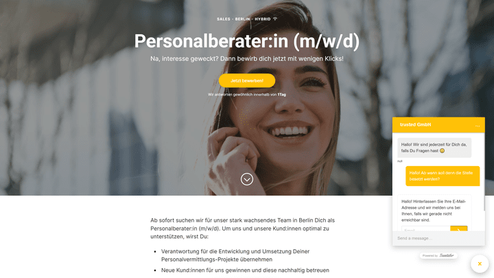 Der integrierte Chat auf der Karriereseite ist besonders nützlich für alle Interessent:innen
