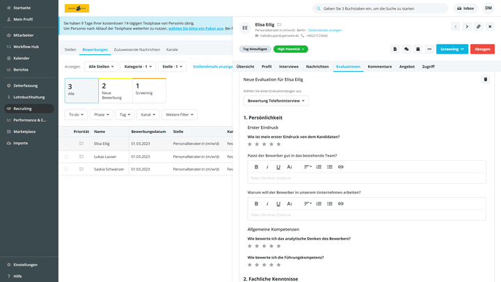 Teambewertungen sind auch bei Personio dank Sternen und Tags schnell vorgenommen