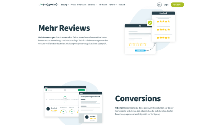 Auf der Karriereseite Pro von softgarden binden Sie positive Bewertungen ein