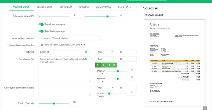 Der Editor lässt Sie das Layout Ihrer Rechnung selbst definieren