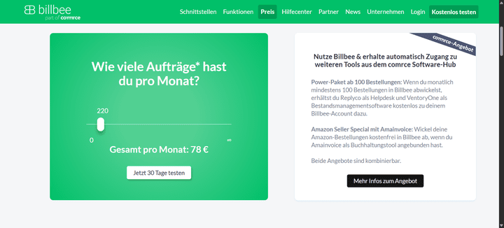 Mit dem Preiskalkulator von Billbee ermittelst du schnell und einfach die Kosten für dein individuelles Auftragsvolumen