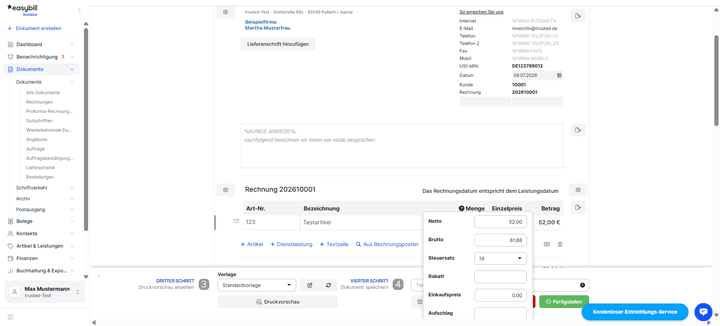 Die funktionale Rechnungsmaske von easybill.