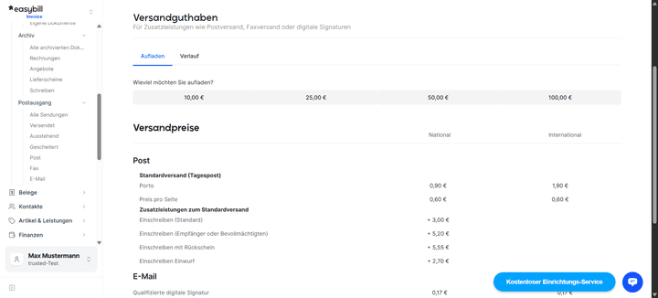 Der Postversand in easybill basiert auf einem Prepaid-System.